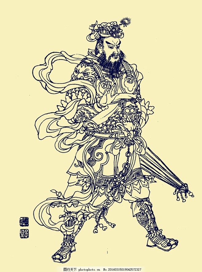 天王1 四大天王 神话传说 白描人物 神...