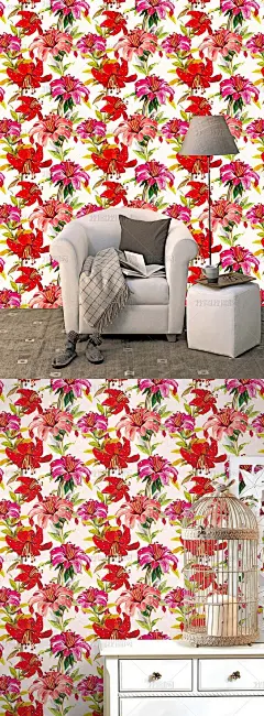 油画百合花矢量墙纸花朵壁纸