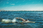 Professional triathlete swimming in river's open water. Man wearing swim equipment practicing triathlon on the beach in summer's day. Concept of healthy lifestyle, sport, action, motion and movement.