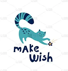 时尚的插图用星星玩爪子。可爱的海报手绘猫和字母许愿。矢量画的放松小猫打印，纺织，t恤，卡片，贴纸，海