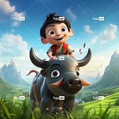 男孩骑着牛在绿色的草原上蓝天白云清明海报