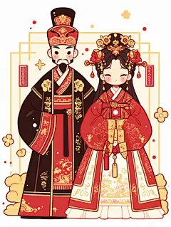 简约卡通可爱古风新郎新娘情侣人物AI图