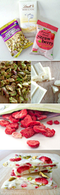 Strawberry Pistachio White Chocolate Bark | Recipe By Photo.  Strawberries for girls, blueberries for boys.