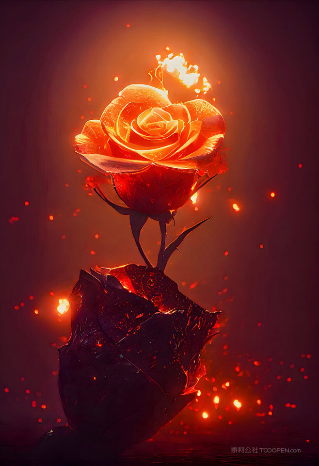 红色燃烧的火焰玫瑰数字艺术插画