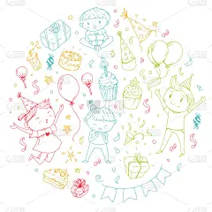 生日派对幼儿园的孩子们画派对邀请男孩和女孩，糖果和气球，礼物和礼物