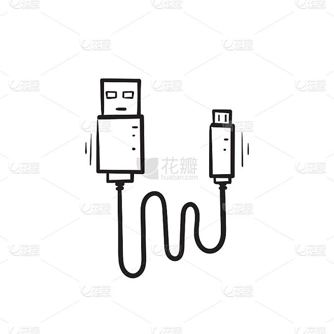 手绘涂鸦usb电缆和充电图标插图孤立矢量素材-花瓣网