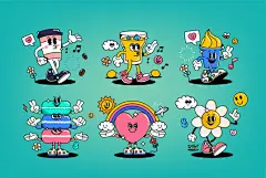 图源免费EPS |关于各种主题的有趣卡通人物。可用作贴纸、海报、印刷品。具有时尚复古卡通风格的漫画元素。矢量插图