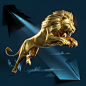 a golden lion leaping through the air