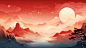 超大的太阳与喜庆的红色山川卡通背景 (5)