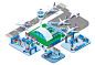 Airport infrastructure. : An isometric projection of an airport used as a complete illustration and as details.