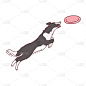 狗卡通人物跳跃后的飞盘平面矢量插图孤立。