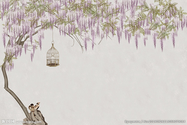 手绘工笔紫藤花油画紫藤花背景墙