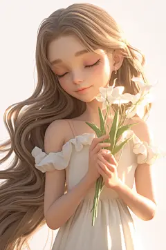 AI数字艺术春季捧花女孩人物模型-众图网