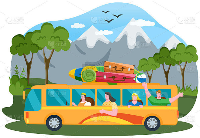 以山地景观为背景的旅游巴士。卡通人物在交...