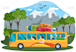 以山地景观为背景的旅游巴士。卡通人物在交通工具上巡回演出
