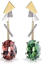 Faberge Dissonance Earrings, 18k white and rose gold, 71 tourmalines, white diamonds and ruby totaling 80.23 carats ht