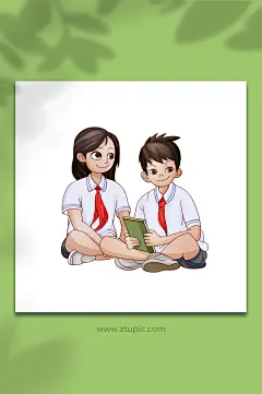 坐着的红领巾少先队员学生爱国插画-众图网