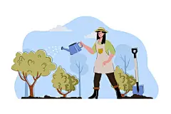 图源免费EPS文件 |作物护理概念。农场女工在花园浇水植物和灌木丛的情景。园艺、农业和种植人物场景。用于网站和移动网站的平面角色设计矢量插图