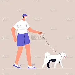 一个戴着医用口罩的年轻男性带着他们的狗散步。隔离后的城市生活方式。新常态矢量插图在孤立的背景上的平面