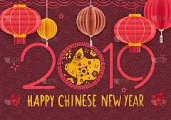 2019农历新年设计背景。猪年快乐。2019年新年贺卡快乐。中国风格的插图
