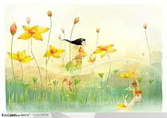 手绘卡通素材-手绘黄色背景上的飞在手绘黄色花朵上空的长了翅膀的小女孩图片素材下载，现在加入素材公社即可参与传素材送现金活动