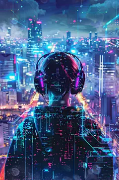 AI数字艺术听音乐的人剪影城市摄影图片