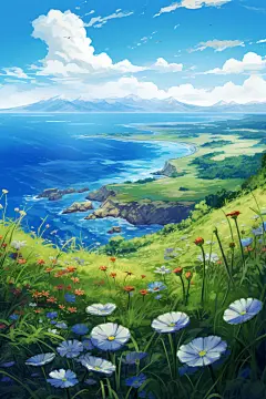 蓝天白云花朵山顶缆车泳池壁纸素材