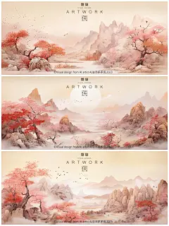 新中式古风水墨山水风景画-国色红