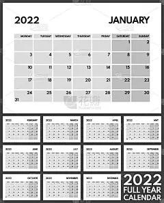 2022年全年每月办公室计划，日历开始星期一，两个周末，白色背景与灰色细胞