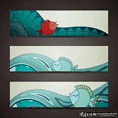 矢量banner模板 海洋banner背景,卡通banner素材,鱼海底世界插画,卡通横幅背景广告条幅