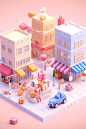 Tiny cute isometricShopping streets, gift boxes, shopping bags，shopping cart,Little girls sitting on huge gift boxes, in the middle of the square, shopping carts，emoji, soft lighting, soft pastel colors, 3d icon clay render, blender 3d, pastel background,