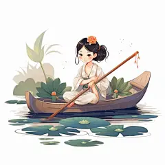 在河湖泊的小船上,很少有女孩坐在一一所小船,然后向她、一个白