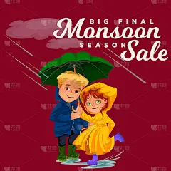 家庭夫妻在雨中带着雨伞双手行走，雨滴滴成水坑，男人和女人穿防水夹克胶靴，情侣在雨云下相爱矢量插画