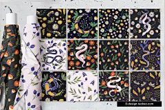 神秘抽象艺术植物毒蛇魔法图腾手绘插画无缝拼接印花图案设计素材
