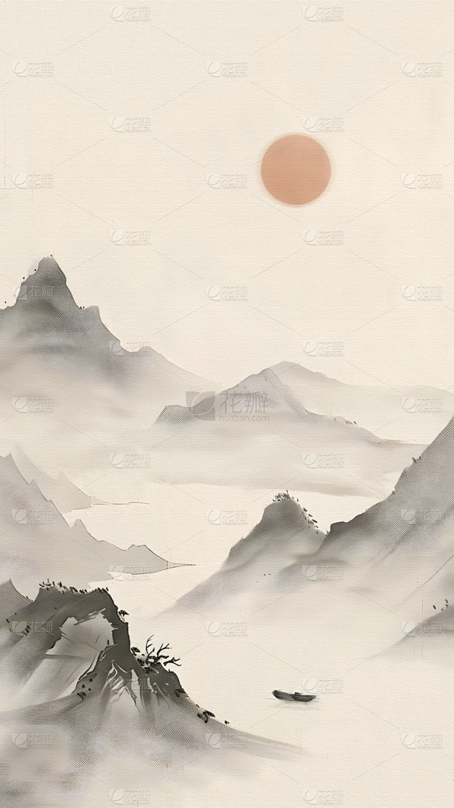 中国风通用山水背景黄褐色太阳水墨图片素材素材-花瓣网