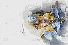 摘要男子弹吉他是水彩画插画的背景。