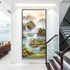 新中式山水风景美式玄关装饰画油画手绘走廊过道书房挂画定制壁画-tmall.com天猫