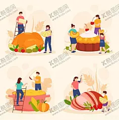 欢乐烹饪场景插画 【酷图网】烹饪,人物,食物,插画,烤箱,蛋糕,火鸡,蔬菜,水果,厨具,梯子,餐桌,餐具,调料,围裙,一家人吃饭,吃饭场景,矢量,卡通,感恩节
