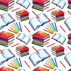 水彩无缝的学校模式。白色背景上的书籍、课本、彩色铅笔。纺织品，纸张，壁纸，包装，横幅，明信片，邀请函