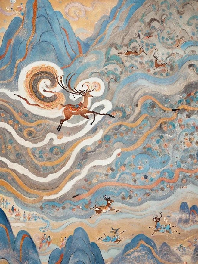 九色鹿,敦煌,飞天,吴道子,亭台楼榭,汉阙,花钿,细节,敦煌壁画,突出两个人物,祥云,仙境-花瓣网