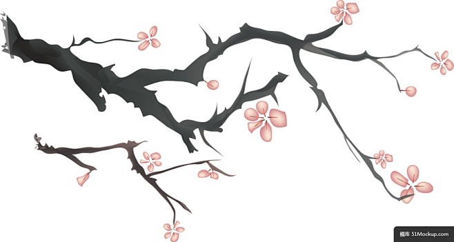 重墨梅枝 粉色腊梅 传统古画模板免扣pn...