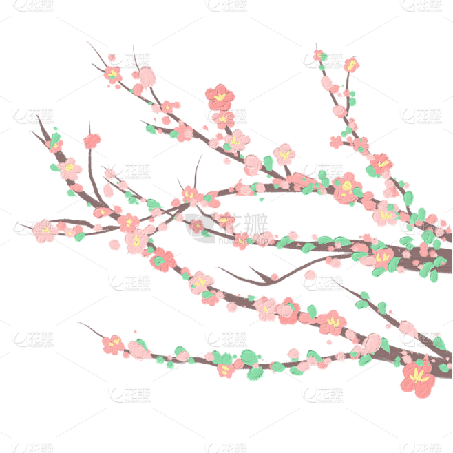 手绘油画棒-桃花花枝贴纸元素