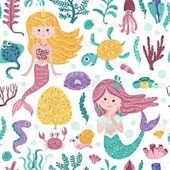 无缝模式与可爱的美人鱼，海藻和鱼