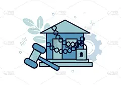 融资。丧失抵押品赎回权。房子被铁链锁着，旁边还有铁锤，上面写着丧失抵押品赎回权的字样。矢量图