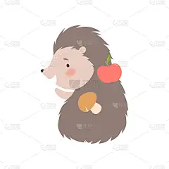 可爱的刺猬携带苹果和蘑菇，可爱的多刺动物卡通人物矢量插图