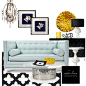 Interior design board-Living Room  baby blue sofa with pops of sunshine yellow.-WhiteLinenInteriors.net