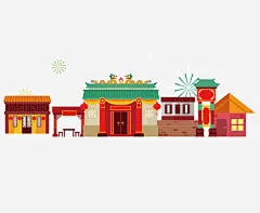 卡通手绘彩色房子高清素材 中国风 卡通 古建筑 房子 手绘 新春佳节 礼花 免抠png 设计图片 免费下载