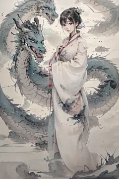 AI数字艺术古风女孩和龙水墨插画