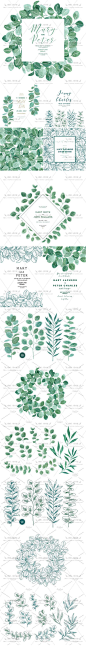 唯美森系绿色植物叶子花环边框婚礼卡片EPS矢量+PNG设计素材AI414-淘宝网