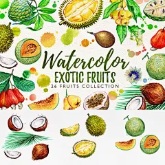 简约水彩手绘百香果椰子榴莲番荔枝蜜瓜PNG免抠图贴图设计素材-淘宝网